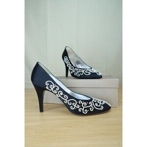 Beltrami Black Silk Pumps Silver Beads Leather Slingback Shoe Italy US 8 Euro 38